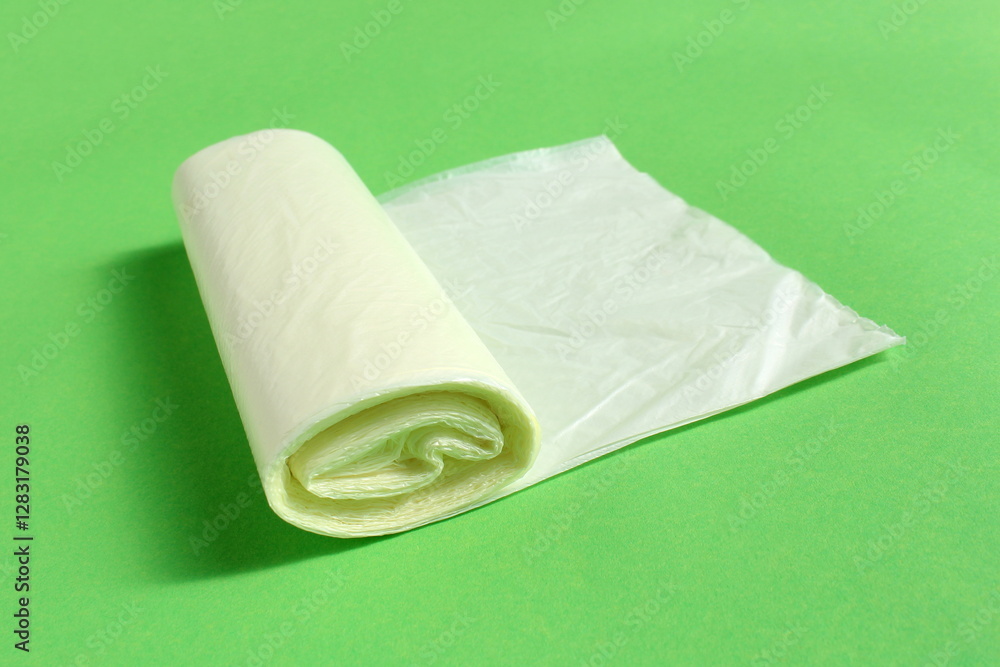 Fototapeta premium There is a roll of yellow garbage bag on a green background. 