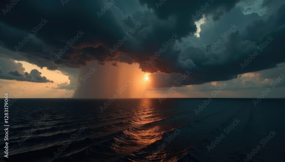 Fototapeta premium A black horizon under a dark brown stormy sky with heavy rain and strong wind, black horizon, summer