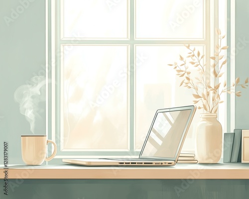 Cozy workspace with laptop and coffee cup. photo