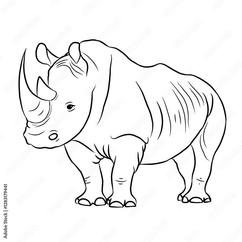 Fototapeta premium Rhino cartoon, vector illustration, rhino icon isolated on white background. Line art.