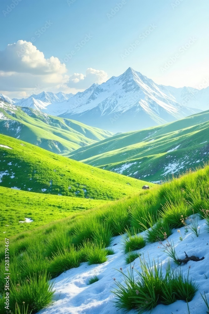 Fototapeta premium A blanket of snow covers the rolling hills and vast fields of emerald grass, hill, white, nature