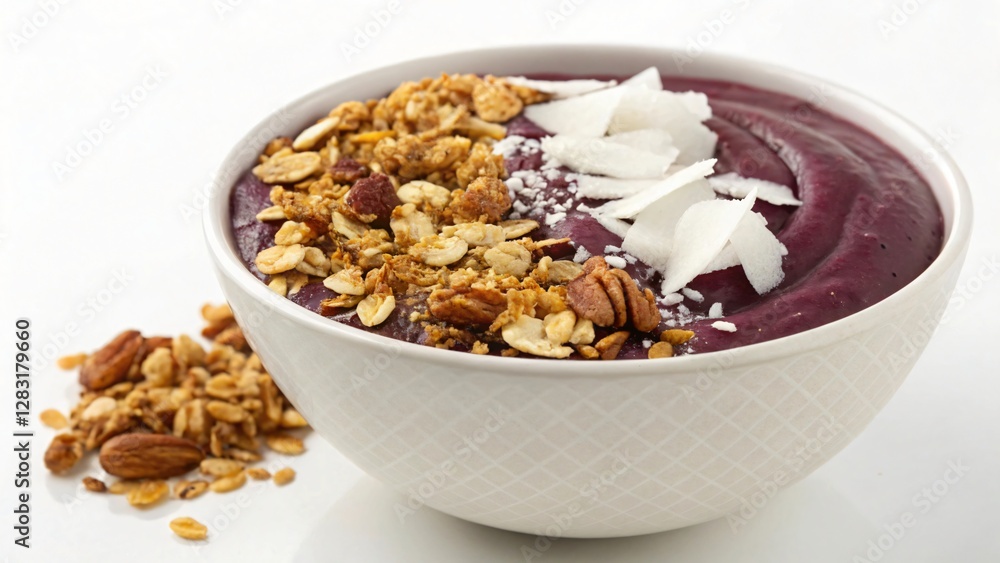 Healthy Smoothie Bowl with Granola and Coconut Flakes Topped with Nuts and Seeds on White Background Healthy Smoothie Bowl with Granola and Coconut Flakes Topped with Nuts and Seeds on White Background