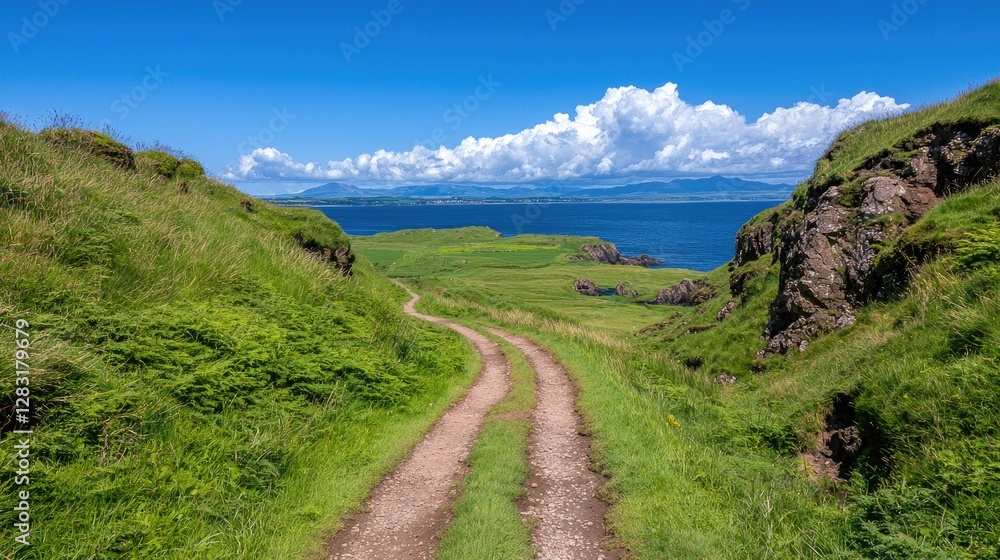 Fototapeta premium Coastal path winding through green hills, blue ocean backdrop