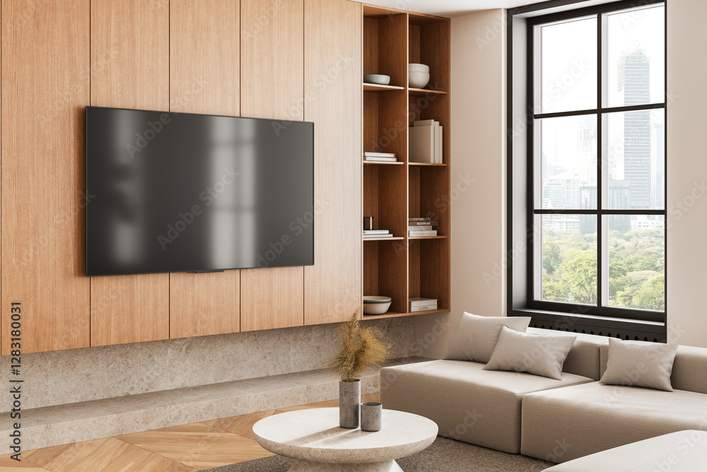 Fototapeta premium Modern living room interior with wooden panel wall, mounted TV, open shelving, and large window. 3D Rendering