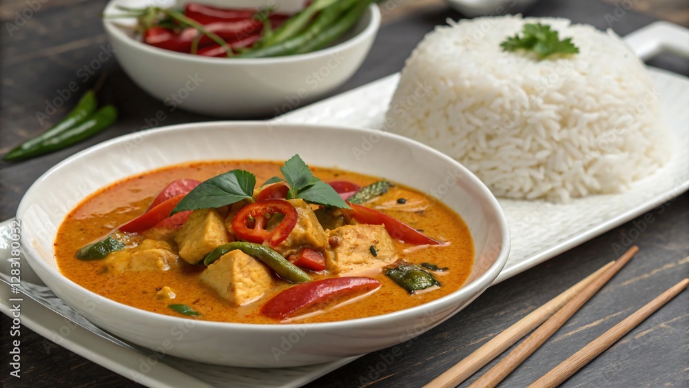 Aromatic curry dish with tofu, fresh vegetables, and steamed rice served on a rustic table setting Aromatic curry dish with tofu, fresh vegetables, and steamed rice served on a rustic table setting