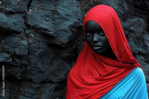 A monochromatic photoshoot with a model in vibrant colors set against a backdrop of black or dark gray rugged stone or sand texture.