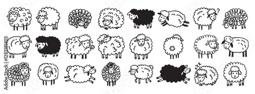 Doodle hand drawn funny cute sheep outline set. Drawing sheep