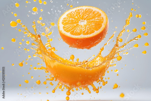 An orange cut in half and surrounded by orange juice.