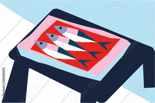 Minimalist Illustration of Fresh Sardine Fish on a Table with Bold Colors and Abstract Style