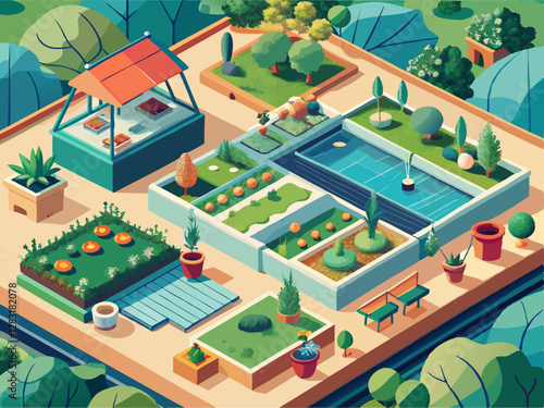 Modern Urban Rooftop Garden with Raised Beds and Solar Panels - Sustainable City Farming Concept