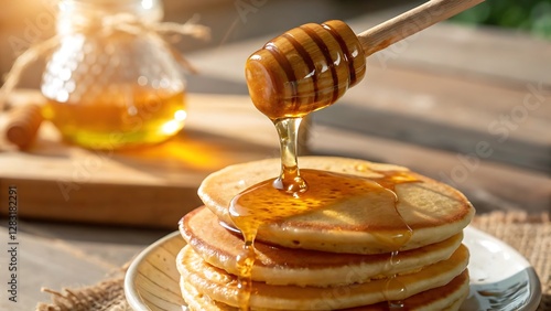 Golden Pancakes with Drizzling Honey – Sweet Breakfast Treat

 photo