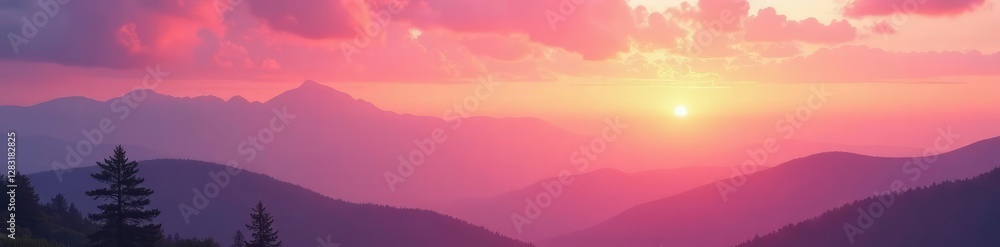 Fototapeta premium Soft pastel shades of pink and peach melt into the sky at dusk, serene scenery, calming vistas, red orange hues