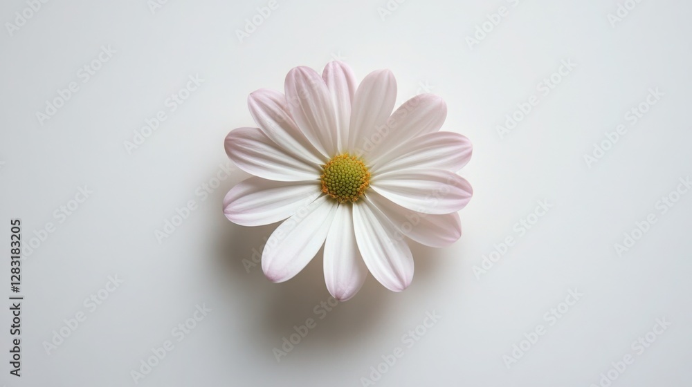 Single White Daisy Flower with Light Pink Petals on White Background Single White Daisy Flower with Light Pink Petals on White Background