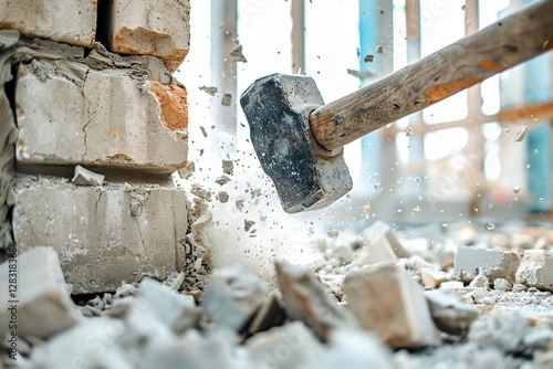 Dynamic Photo of Sledgehammer shattering a brick wall with flying debris