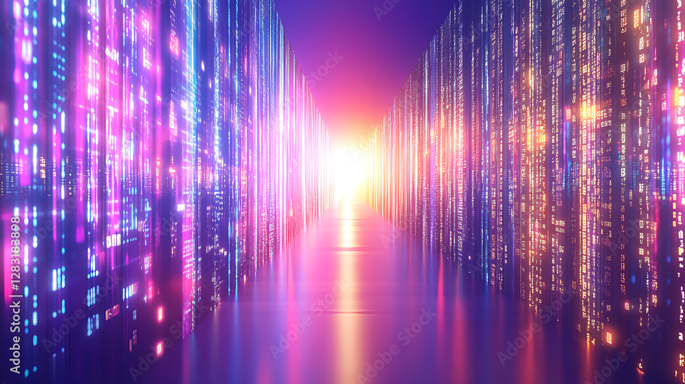 Vibrant light display in digital corridor futuristic city abstract art virtual environment wide angle view technology concept Vibrant light display in digital corridor futuristic city abstract art virtual environment wide angle view technology concept