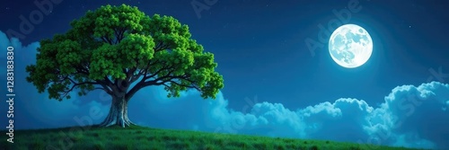 Un ?rbol con un tronco blanco y ramas de hojas verdes bajo la luz de la luna, luz lunar, noche estrellada
