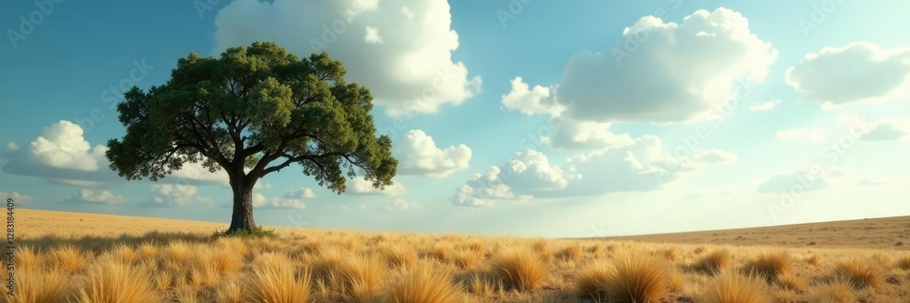 Obraz premium Vast empty space with a solitary tree under cloudy skies, cloud formations, atmospheric conditions