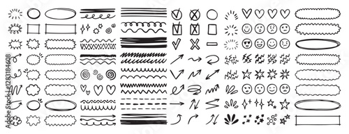 doodle underline emphasis scribble elements line hand drawn set. doodle brush shapes stroke highlight sparkle and arrow elements. childish drawing kids style.