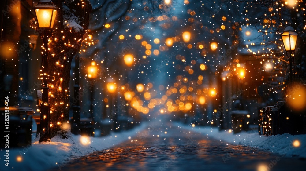 Naklejka premium Snowfall on a charming street at night, illuminated by warm streetlights and festive lights.