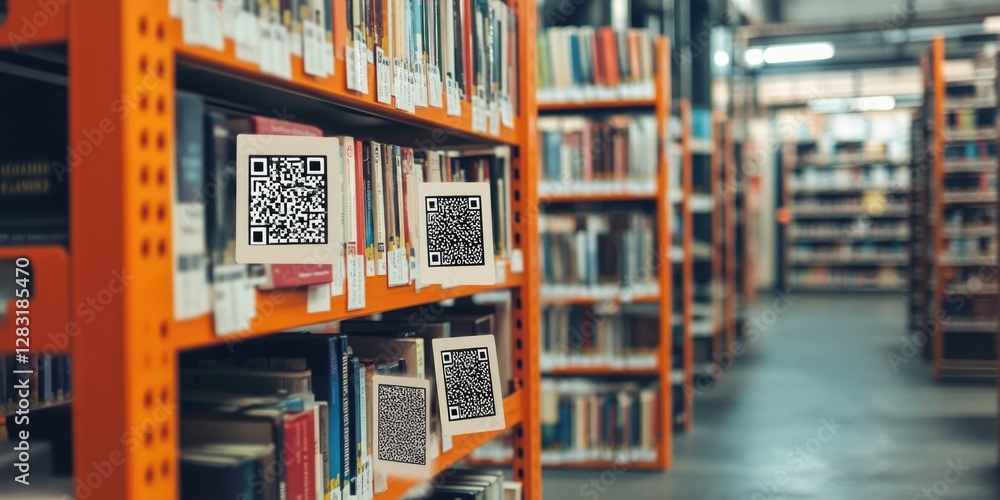 A library filled with lots of books, accompanied by a QR code on the shelf A library filled with lots of books, accompanied by a QR code on the shelf