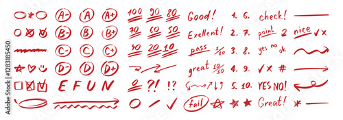 English test exam red pen mark. School teacher test. A B C D Doodle outline hand drawn style