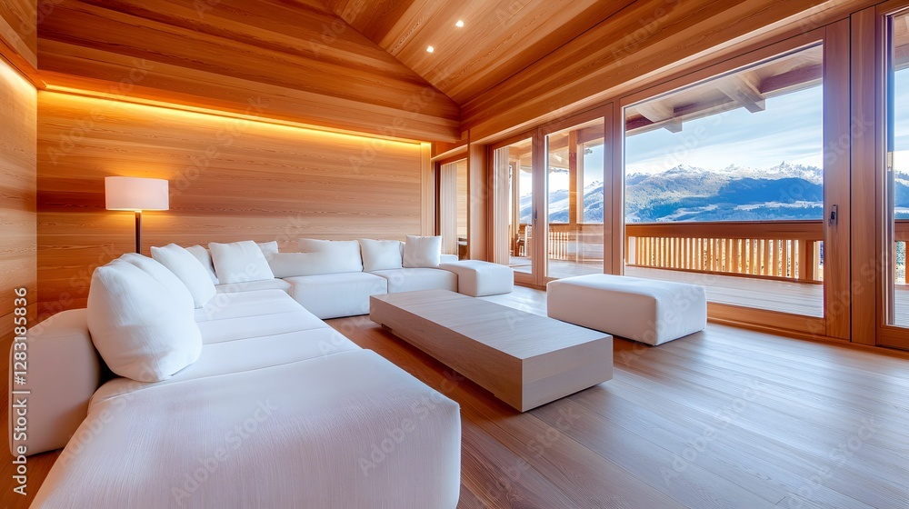 Naklejka premium A modern, wooden interior featuring a spacious, minimalist lounge area with white sofas and large windows overlooking a scenic mountain view.