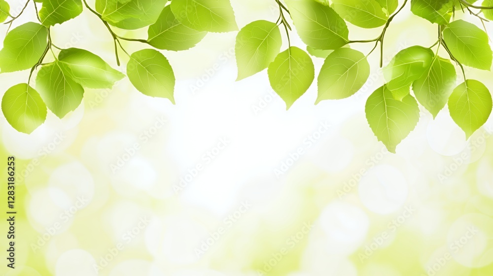 Bright Green Leaves on Branches Against Soft Bokeh Background