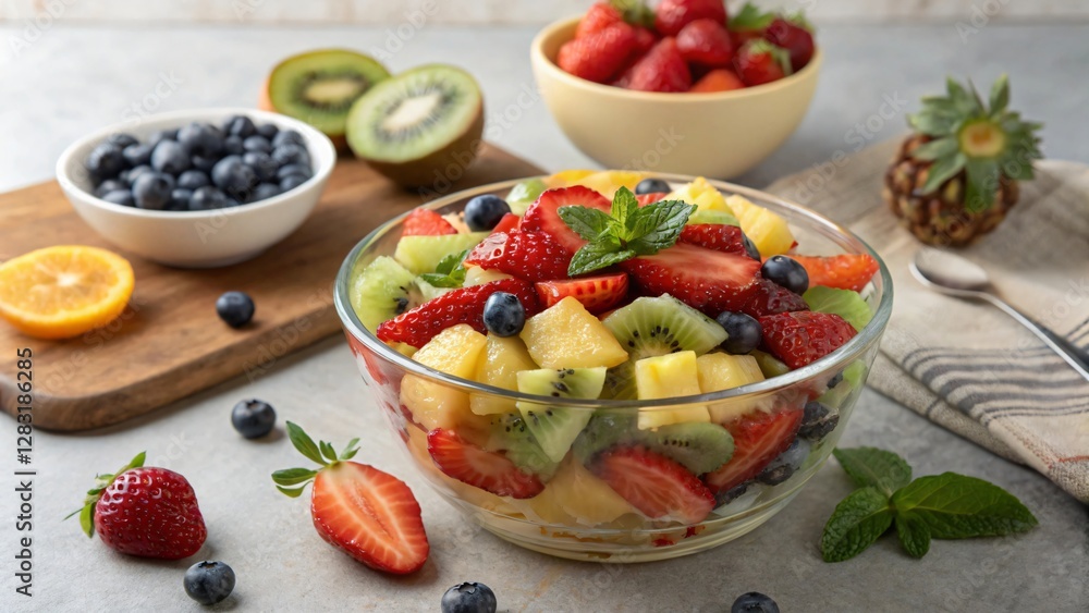 Fresh Colorful Fruit Salad with Strawberries, Blueberries, Kiwi, Pineapple, and Mint on a Light Kitchen Counter Fresh Colorful Fruit Salad with Strawberries, Blueberries, Kiwi, Pineapple, and Mint on a Light Kitchen Counter