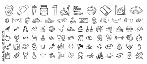Fitness, sport and health icons doodle hand drawn set. Healthy lifestyle isolated symbols