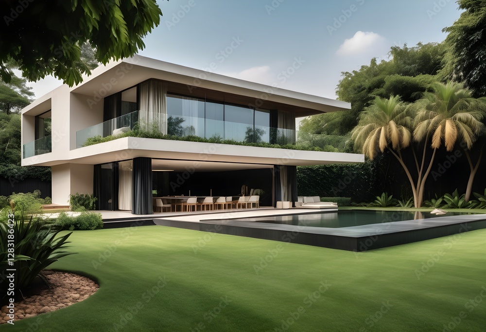 A Breathtaking Two-Story Contemporary Mansion with Sleek Architectural Design, Expansive Glass Panels, Lush Green Surroundings, a Serene Backyard with a Private Swimming Pool, and an Elegant Balcony O A Breathtaking Two-Story Contemporary Mansion with Sleek Architectural Design, Expansive Glass Panels, Lush Green Surroundings, a Serene Backyard with a Private Swimming Pool, and an Elegant Balcony O