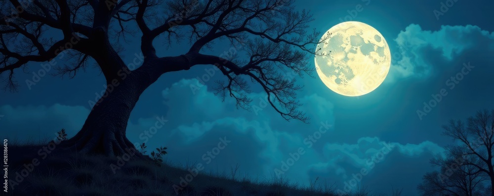 Full moon casts eerie glow on twisted tree limbs, moonlight, foliage