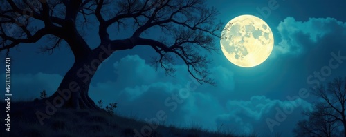 Obraz na płótnie Full moon casts eerie glow on twisted tree limbs, moonlight, foliage w salonie