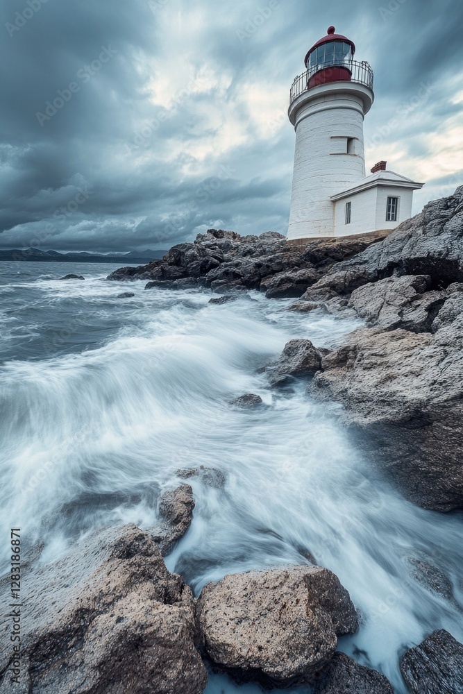 A lighthouse stands tall on a rocky shoreline, surrounded by cloudy skies A lighthouse stands tall on a rocky shoreline, surrounded by cloudy skies