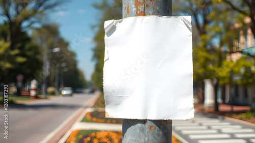 A blank, white sheet of paper is taped to a weathered metal pole in an outdoor setting