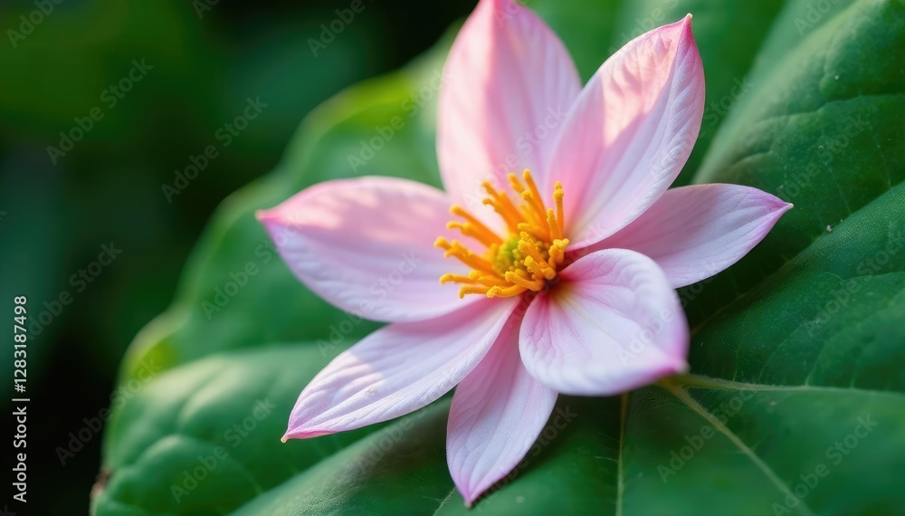 Fototapeta premium Macro shot of intricate white and pink flower details on a large leaf, pink, petals, leaf