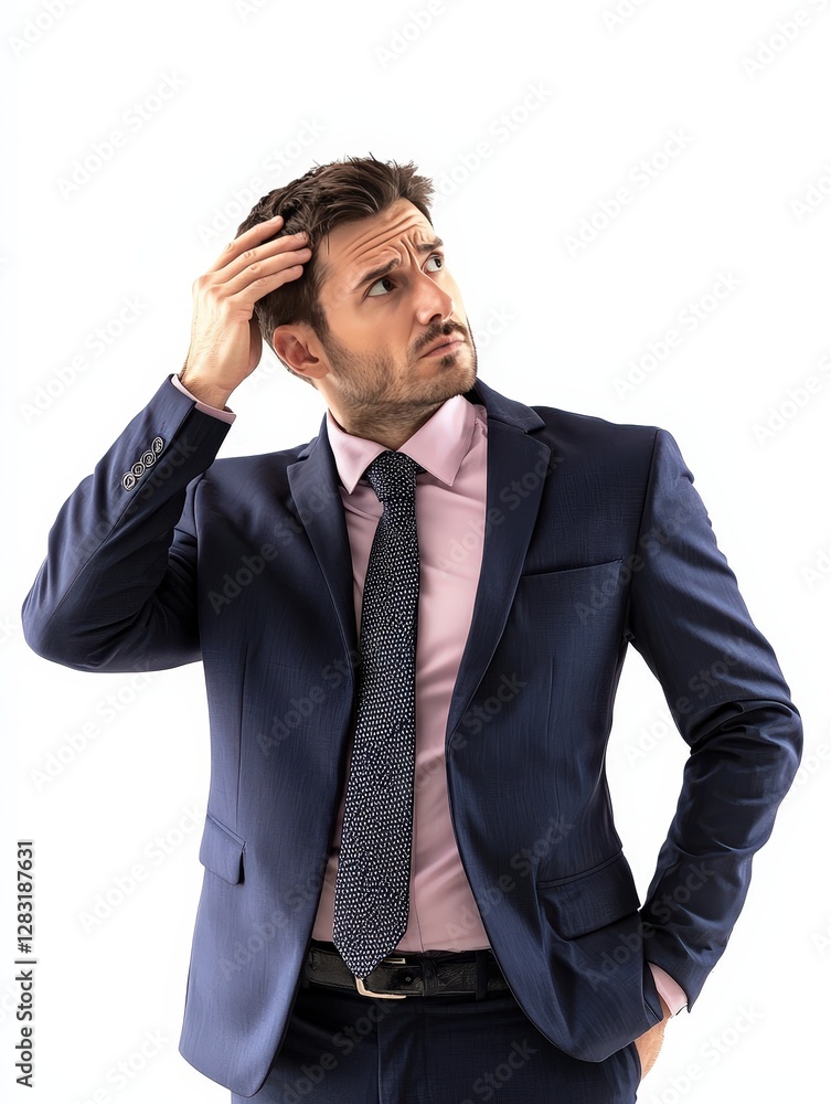 Pensive businessman thinking scratching his head trying to find solution isolated on white background Pensive businessman thinking scratching his head trying to find solution isolated on white background