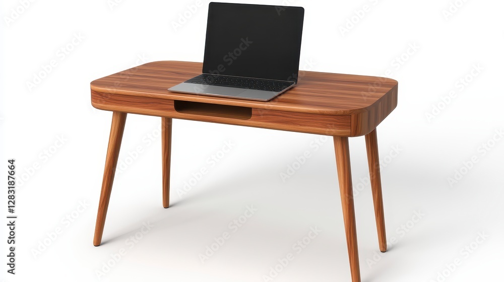 Fototapeta premium Modern Wooden Desk with Laptop on White Background