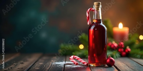A bottle of wine with Christmas candy cane garnish, holiday, bottle