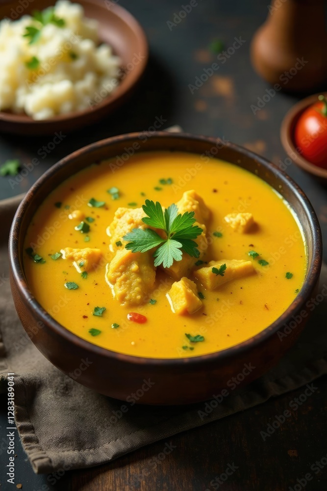 Rich and creamy curry roux sits atop a bed of steaming Indian chicken soup, flavorful, soup Rich and creamy curry roux sits atop a bed of steaming Indian chicken soup, flavorful, soup