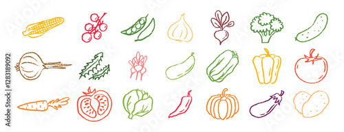 Vegetables icons chalk hand drawn doodle set. Drawing crayon vegetables 