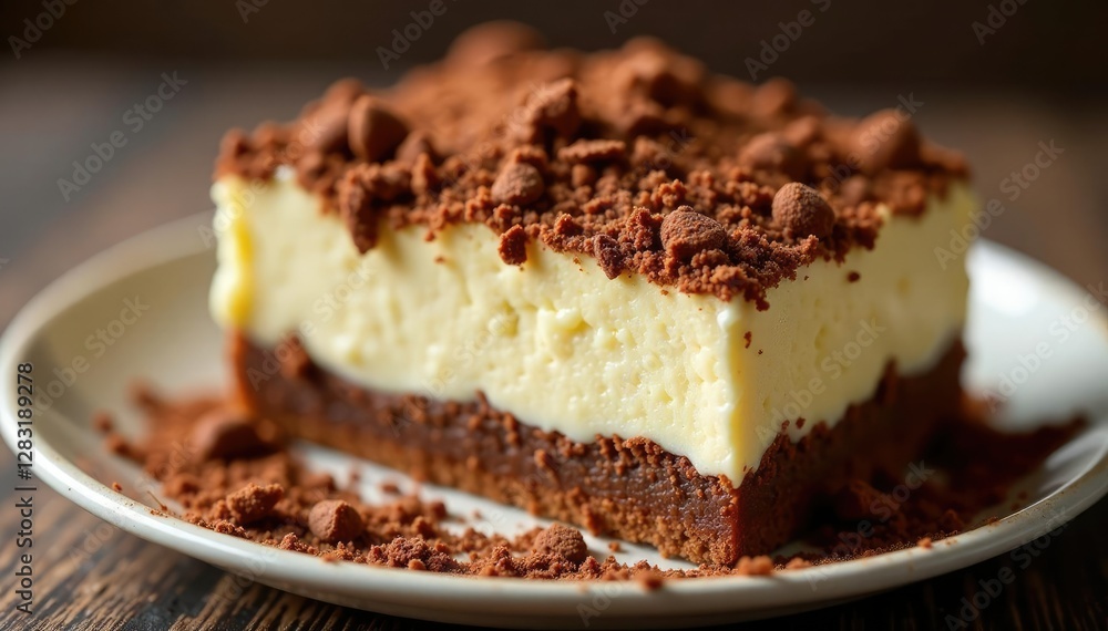 Rich chocolate shavings on top of a creamy Tiramisu dessert, indulgent, texture Rich chocolate shavings on top of a creamy Tiramisu dessert, indulgent, texture