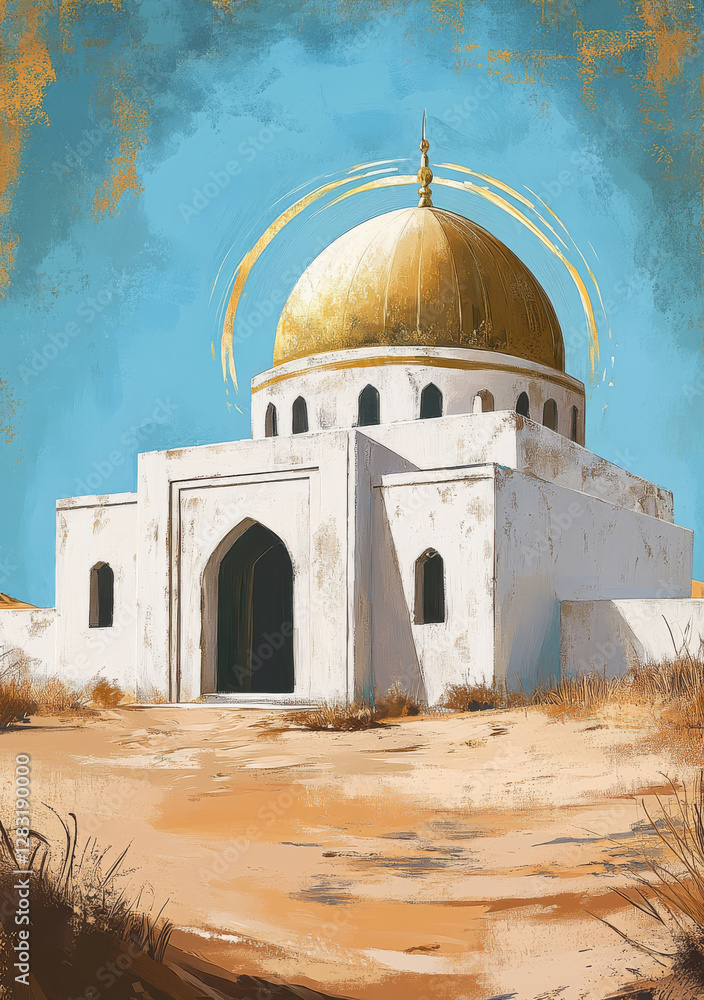 Fototapeta premium serene white and gold mosque majestic dome,depicted elegant oil painting style beige background.artwork conveys peace, love, and spiritual harmony, celebrating Ramadan Islamic traditions.