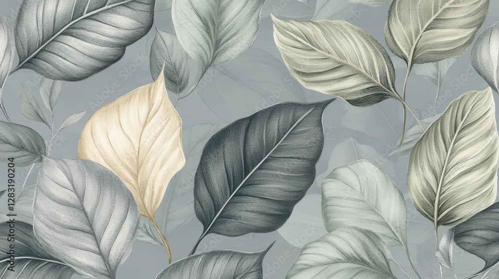 custom made wallpaper toronto digitalPlant drawing showing leaves in a watercolor style over a grey background