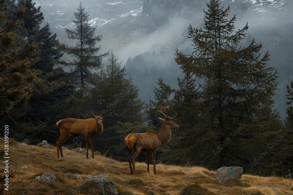 Two deers in the forest - French Alps Two deers in the forest - French Alps