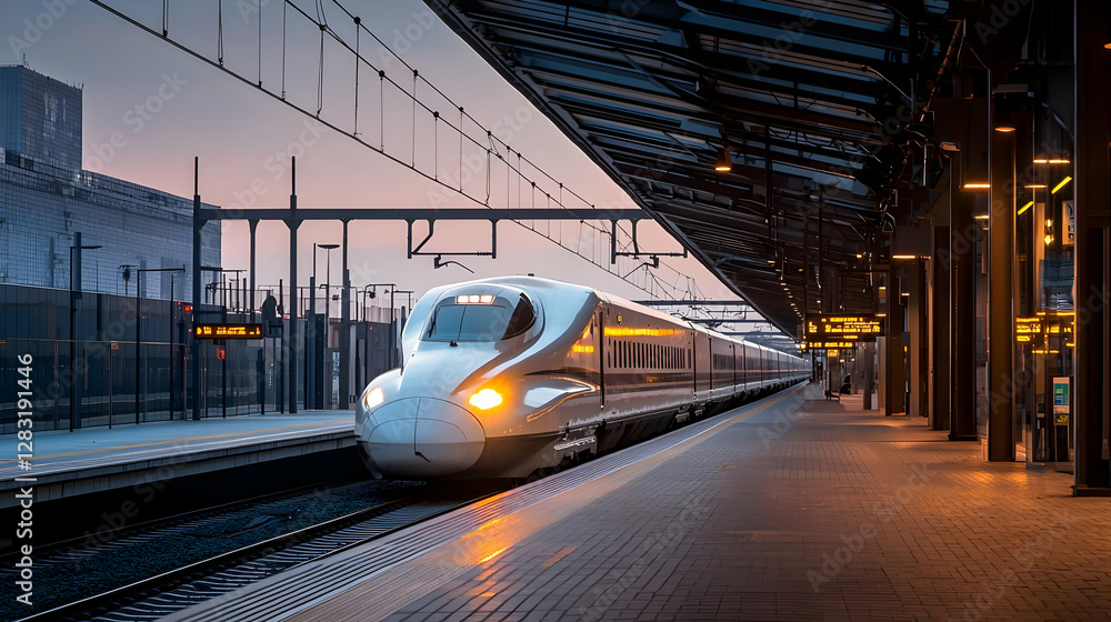 Streamlined White Train Arriving at Modern Urban Platform with Orange Sky and Evening Illumination Streamlined White Train Arriving at Modern Urban Platform with Orange Sky and Evening Illumination