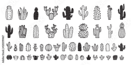 Hand drawn cactus icons. cacti doodle set. Cute sketch cactus collection.