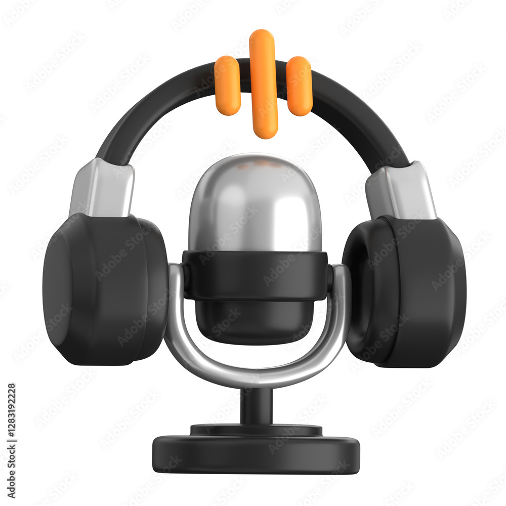 3D microphone with black headphones, representing podcasting, audio streaming, and digital broadcasting. Ideal for media, radio, and online communication 3D microphone with black headphones, representing podcasting, audio streaming, and digital broadcasting. Ideal for media, radio, and online communication