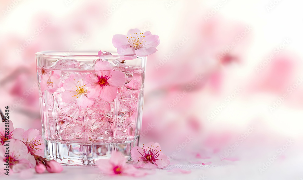 Refreshing Drink with Cherry Blossoms and Ice Cubes in Glass Refreshing Drink with Cherry Blossoms and Ice Cubes in Glass