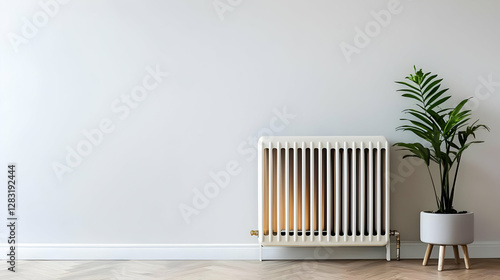 Wallpaper Mural Minimalist Interior With White Wall Radiator And Potted Plant With Green Leaves On Wooden Floor In Bright Daylight Torontodigital.ca