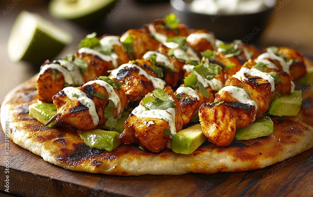 grilled chicken skewers with creamy sauce on flatbread